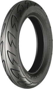 Bridgestone 100/90-10 61J Hoop B01 RF TL motorcycle tyre for front or rear use, featuring durable tread pattern and rubber construction.