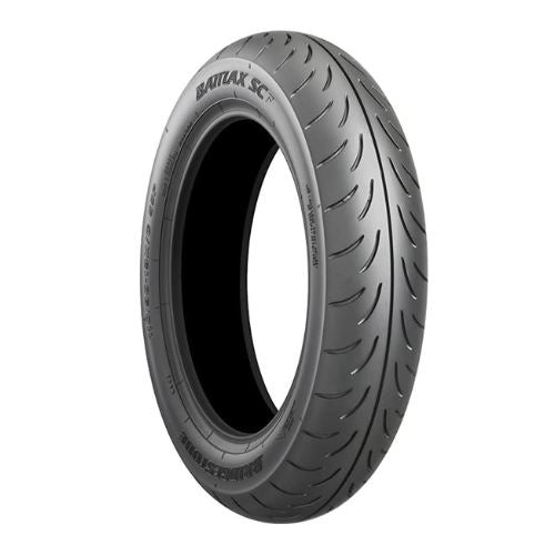 BRIDGESTONE 100/90-14M/C 57P SC BATTLAX RF TL rear motorcycle tyre showing tread pattern and sidewall details