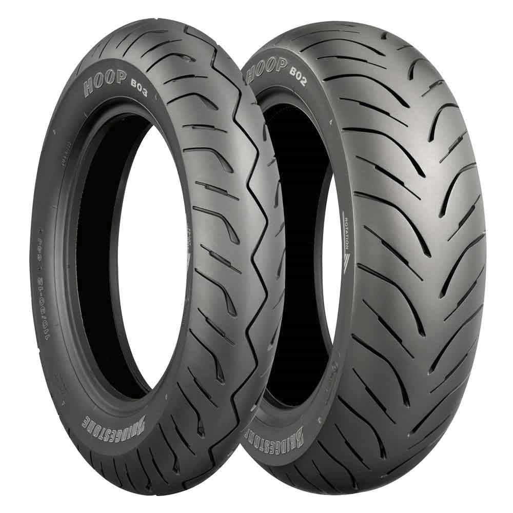 BRIDGESTONE Hoop B03 motorcycle tyre, 120/70-14 55S, with tread pattern suitable for street riding.