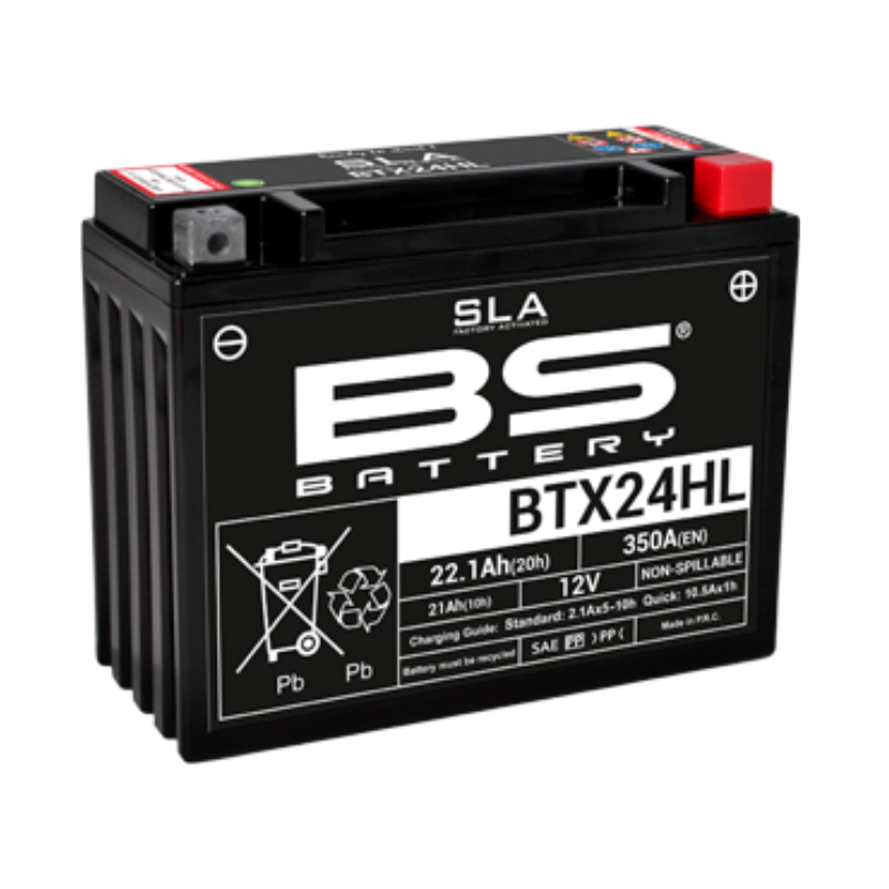 BS Battery BS-BTX24HL SLA rechargeable lead-acid battery with black casing and terminal posts for automotive or backup use.