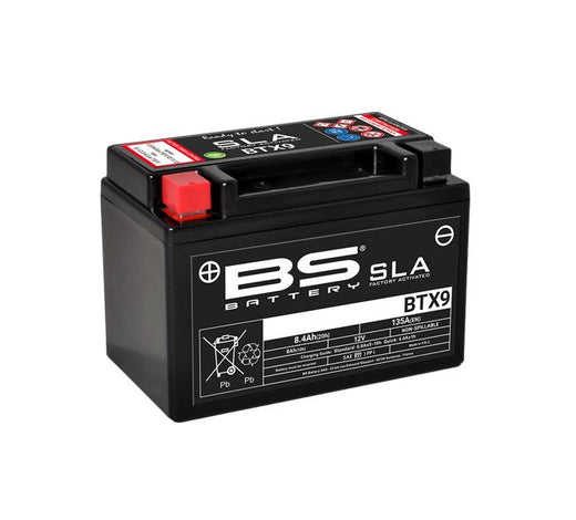 BS Battery Factory charged BS-BTX9 SLA lead-acid rechargeable battery, shown with its label and terminals.