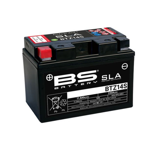 BS Battery factory-charged BS-BTZ14S SLA battery showing the sealed lead-acid battery with terminals and label