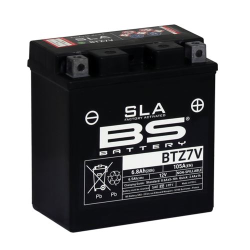 BS Battery Factory Charged BS-BTZ7V SLA lead-acid battery showing the sealed, compact design with terminals on top.