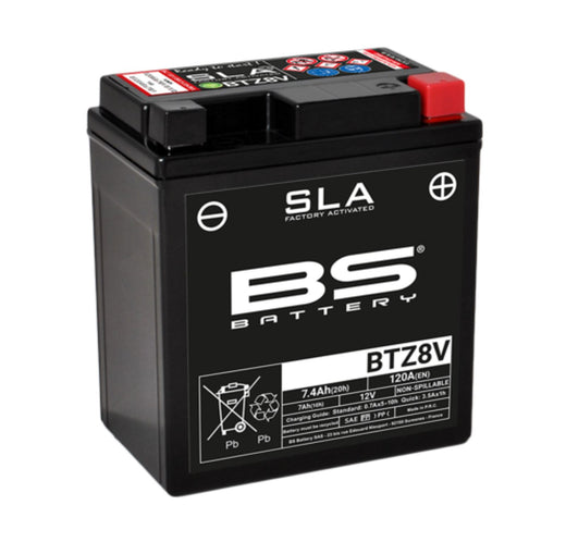 BS Battery Factory charged BS-BTZ8V SLA battery with black casing and terminals, ready for use in various electronic devices.