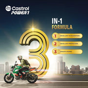 Castrol POWER1 3-in-1 Formula 4T 10W-40 motorcycle engine oil bottle with label and cap.
