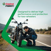 Castrol POWER1 3-in-1 Formula 4T 10W-40 motor oil 1L bottle with label and cap, designed for motorcycle engines.
