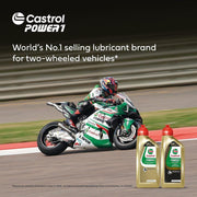 Castrol POWER1 3-in-1 Formula 4T 10W-40 motorcycle engine oil bottle with label and cap.