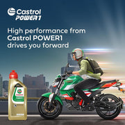 Castrol POWER1 3-in-1 Formula 4T 10W-40 motor oil bottle, 1 liter, designed for motorcycle engine performance and protection.