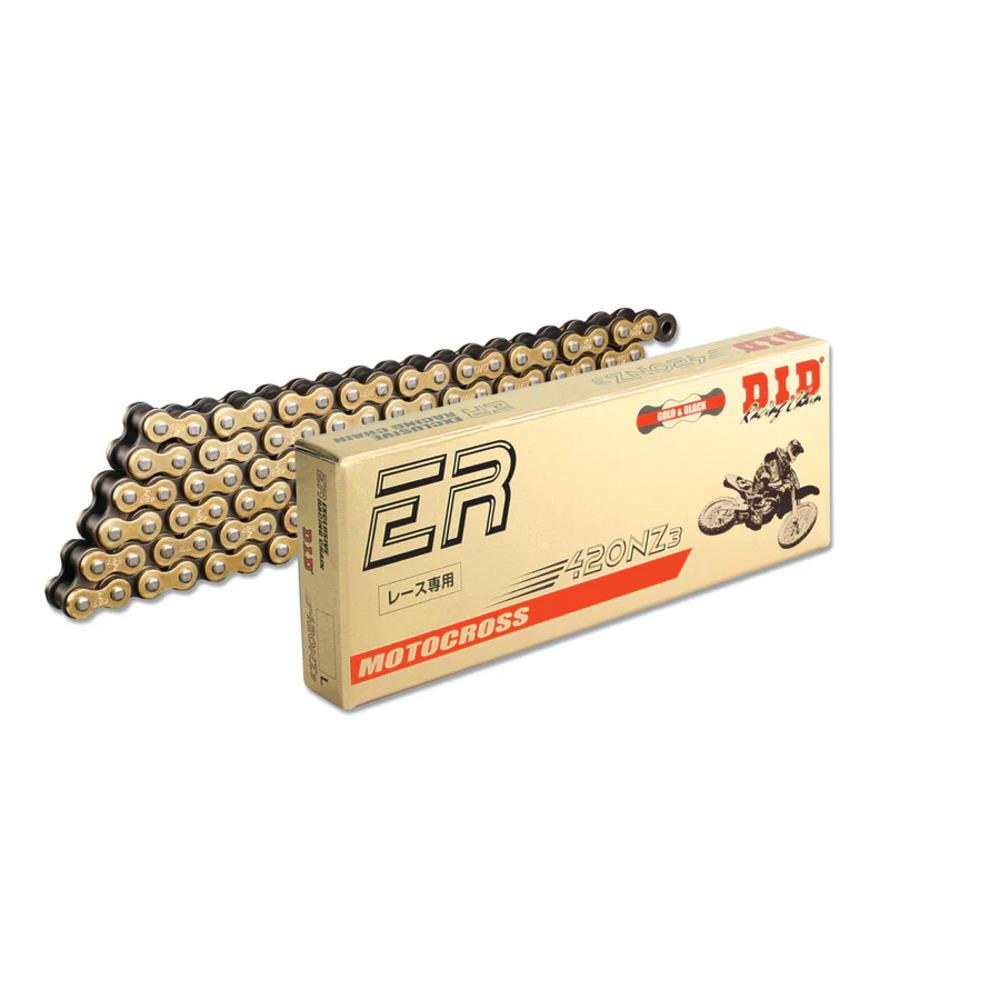 D.I.D Chains 420 Pitch NZ Gold and Black Mini Road Racing Drive Chain with 134 links and clip/press-fit links for 100cc max bikes.
