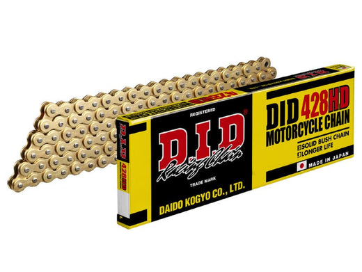 D.I.D Chains 428 HD Gold small bike drive chain with 138 links for 125cc motors, featuring spring link for durability and performance.