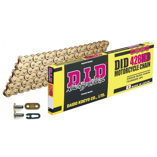 DID 428 Pitch HD Gold drive chain for 125cc bikes, 146 links with spring link, suitable for small motorcycles and dirt bikes