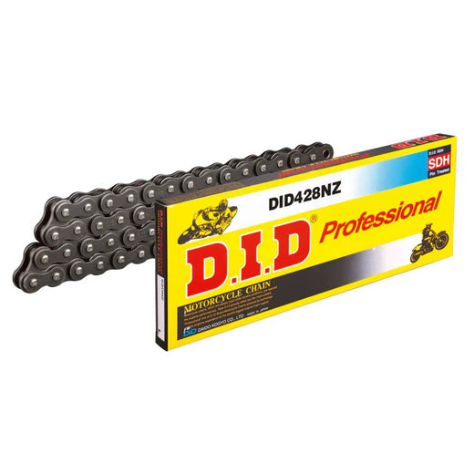 D.I.D Chains 428 Pitch NZ Steel Mini Road Racing Drive Chain with 134 links, clip, and press-fit link for 100cc max engine.