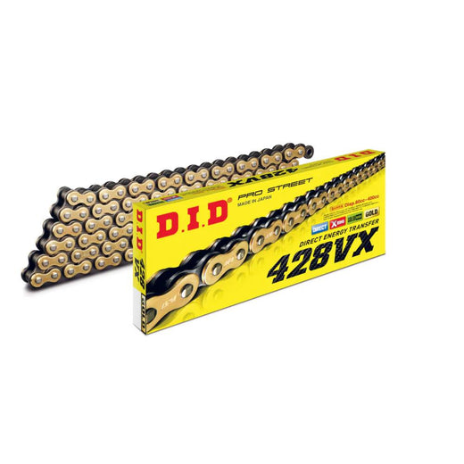D.I.D Chains 428 Pitch VX gold and black street/ATV drive chain with 118 links, clip and press-fit links for 350cc engines