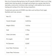 DID 520 Pitch ATV Gold and Black Drive Chain with 112 links, clip and press-fit link for 750cc max ATV vehicles.