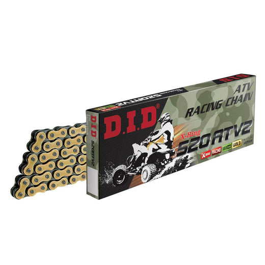 D.I.D Chains ATV drive chain in gold and black with 120 links, featuring clip and press-fit links for 750cc ATV engines.