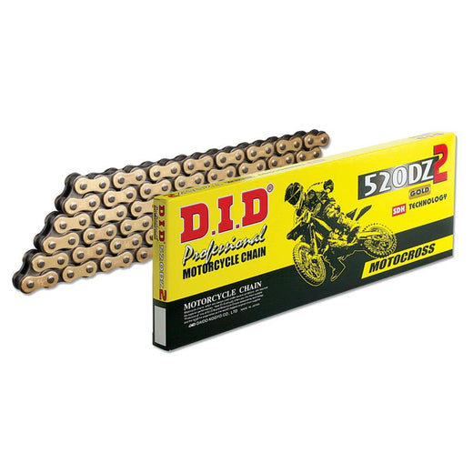 D.I.D 520 Pitch DZ Gold and Black motocross drive chain with 116 links for 450cc bikes, featuring spring link.