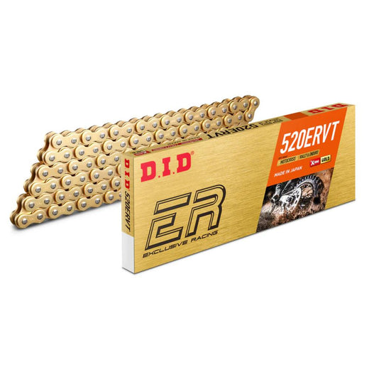 D.I.D Chains 520 Pitch ERV Gold and Gold Enduro Drive Chain with 120 links, clip and press-fit link, suitable for 500cc max engines