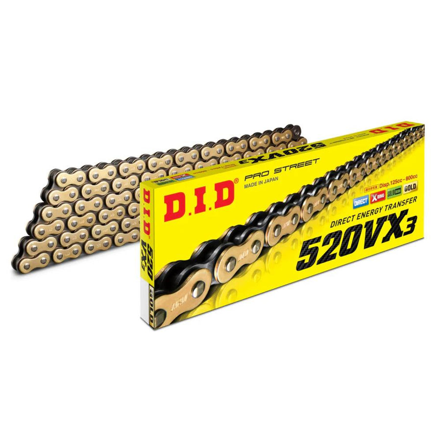 DID  520 Pitch  "VX" Gold & Black Street / ATV Pro X-Ring Drive chain 100 Links Clip and Press-fit Link 800cc Max