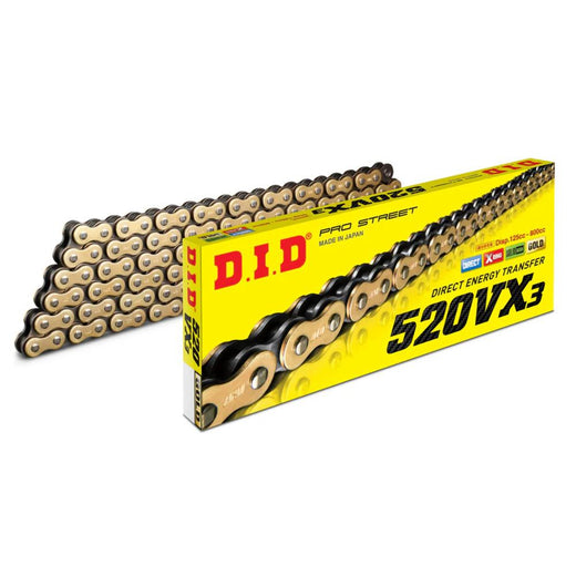 D.I.D Chains 520 Pitch VX Gold and Black Street/ATV X-Ring Drive Chain with 130 links, clip, and press-fit link for 800cc max.