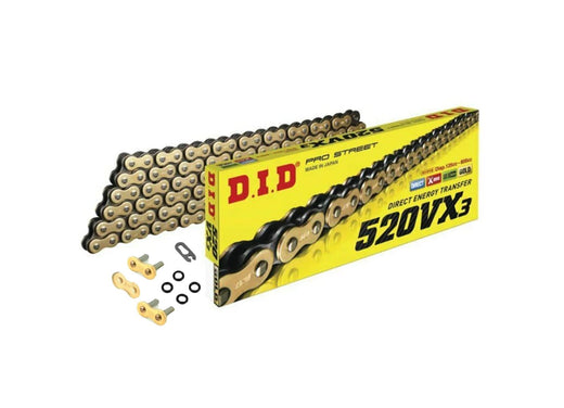 DID 520 Pitch VX3 Gold and Black Street ATV Pro X-Ring Drive Chain with 96 links, clip and press-fit links for 800cc engines