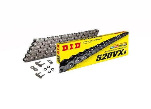 D.I.D Chains 520 Pitch VX3 Steel Street/ATV Pro X-Ring Drive Chain with 130 links, clip and press-fit link, suitable for 800cc engines
