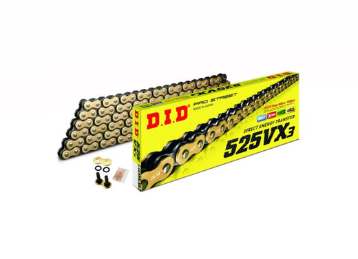 D.I.D 525 Pitch VX Gold and Black Street Pro X-Ring Drive chain with 126 links and rivet link for motorcycle use