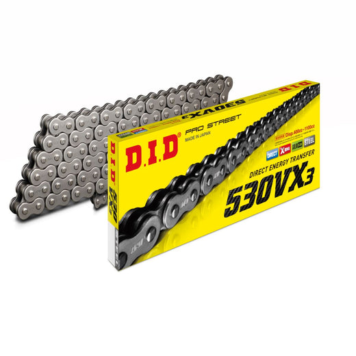 D.I.D Chains 530 Pitch VX Steel Street Pro X-Ring Drive Chain with 96 links and rivet link for 1100cc motorcycles.