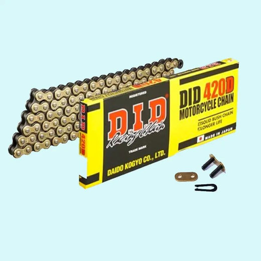 D.I.D 420 Pitch "D" gold and black small bike drive chain with 130 links and spring link for 80cc engines, shown in detail.