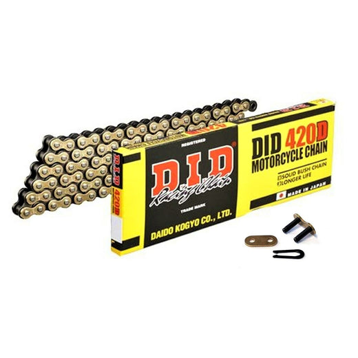 D.I.D 420 Pitch "D" Gold and Black Small Bikes Drive Chain with 140 links for 80cc max engines, featuring spring link attachment.