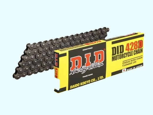 D.I.D 428 Pitch "D" Steel Bike Drive Chain with 134 links for 125cc motorbikes, featuring spring link and durable construction