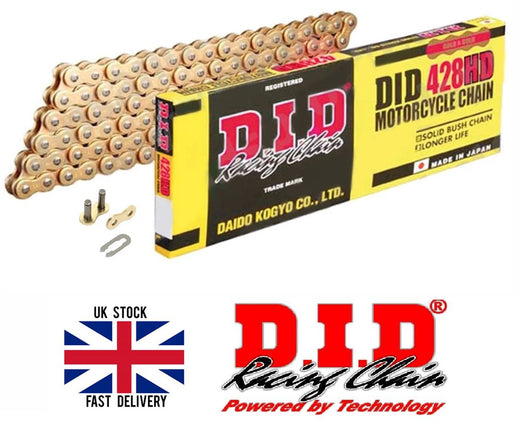 D.I.D 428 Pitch HD gold chain for small bikes, 126 links with spring link, suitable for 125cc engines, durable motorcycle drive chain.