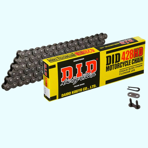 D.I.D 428 HD steel bike drive chain with 110 links and spring link for 125cc motorcycles, durable and high-performance.