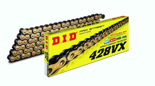 D.I.D 428 Pitch VX Gold and Black ATV and street bike drive chain with 132 links, clip and press-fit links, suitable for 350cc engines