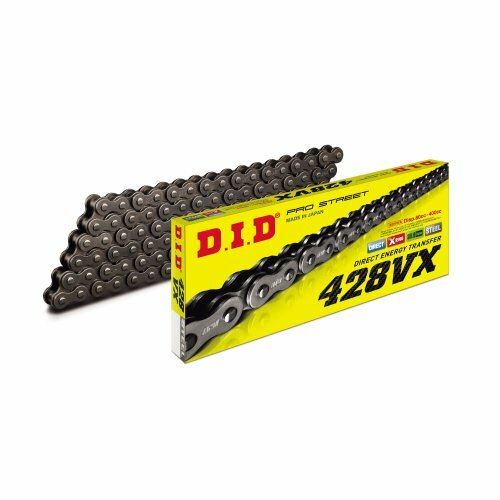 D.I.D 428 Pitch VX Steel Street and ATV Drive Chain with 140 links, clip and press-fit links, suitable for 350cc max engines.