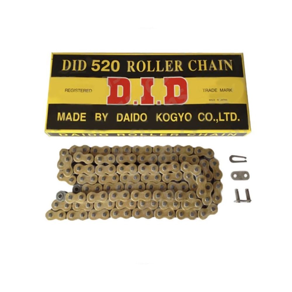 D.I.D 520 Pitch Gold and Black Street motorcycle chain with 120 links and split link, designed for 200cc max engines.