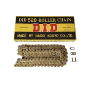 D.I.D 520 Pitch Gold and Black Street motorcycle chain with 120 links and split link, designed for 200cc max engines.