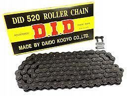 D.I.D 520 Pitch Steel Street 112 Links Split Link chain for 200cc motorcycles, showing shiny metal links and split link design.