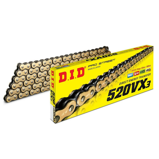 DID 520 Pitch VX3 gold and black street ATV drive chain with 108 links, X-Ring design, clip, and press-fit link for 800cc engines