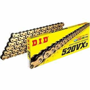 D.I.D 520 Pitch VX3 Gold and Black ATV street drive chain with 130 links, clip, and press-fit link for 800cc engines