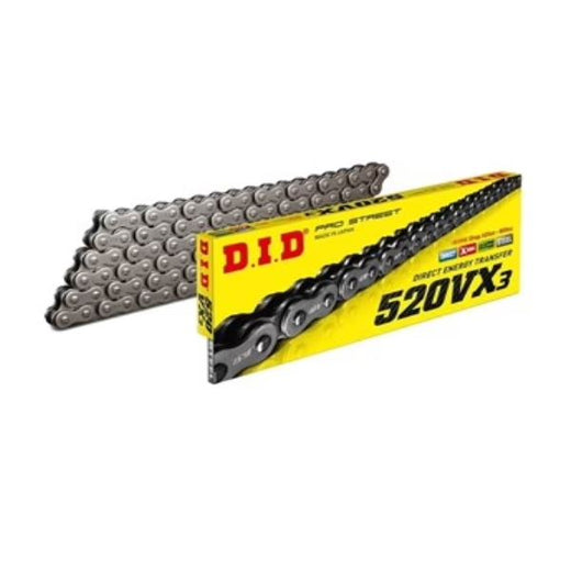 D.I.D 520 Pitch VX3 Steel Street and ATV Pro X-Ring Drive chain with 118 links, clip and press-fit links, suitable for 800cc engines