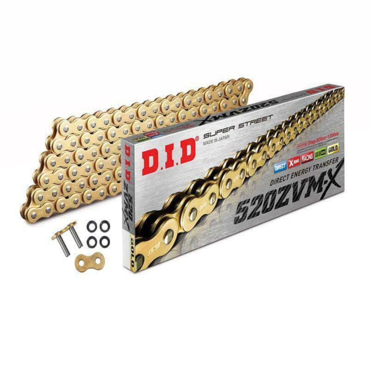 D.I.D 520 Pitch ZVMX Gold Street Super X-Ring Drive Chain with 130 links for 1200cc motorcycles, featuring rivet link.