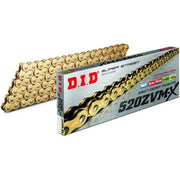 D.I.D 520 Pitch ZVMX Gold Street Super X-Ring Drive Chain with 98 links for 1200cc max engines, featuring rivet link.
