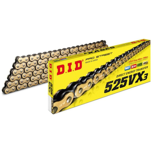 D.I.D 525 Pitch VX Gold and Black Street Pro X-Ring Drive chain with 122 links and rivet link for motorcycle use