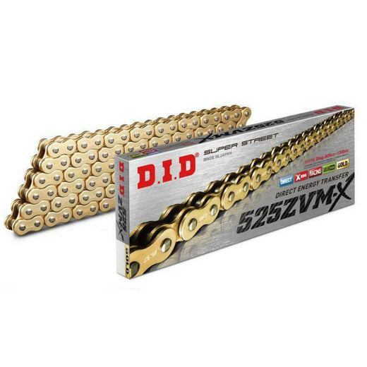 DID  525 Pitch  "ZVMX" Gold & Gold Street Super X-Ring  Drive Chain 118 Links Rivet Link 1300cc Max
