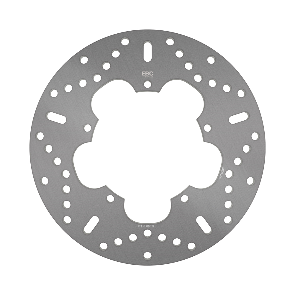 EBC MD-Series Scooter Brake Disc MD910D, silver metal disc with drilled holes for enhanced braking performance.