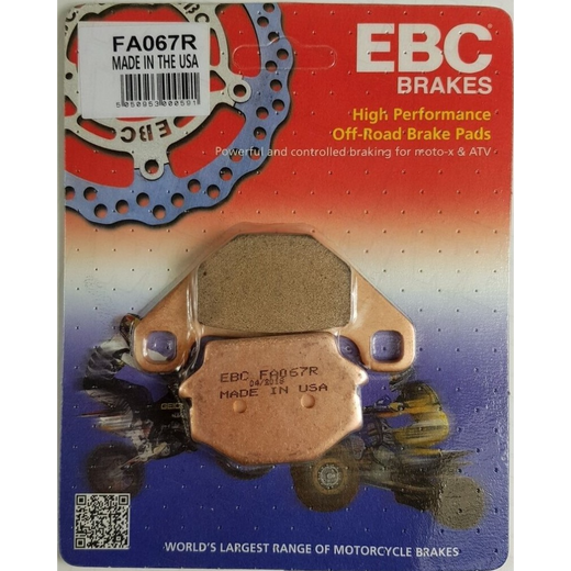 EBC Brakes motorcycle dirt sintered brake pad FA067R showing metal backing and friction surface for off-road riding.
