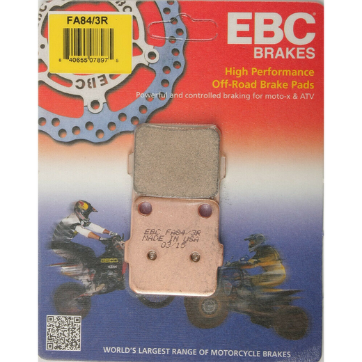 EBC Brakes dirt motorcycle sintered brake pad FA084/3R with metal backing plate and friction material for off-road riding.