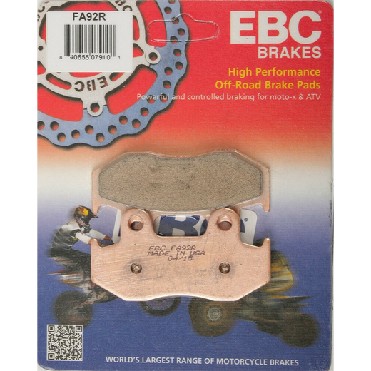 EBC Brakes Motorcycle Dirt Sintered Brake Pad FA092R with textured surface and metal backing plate for off-road riding.