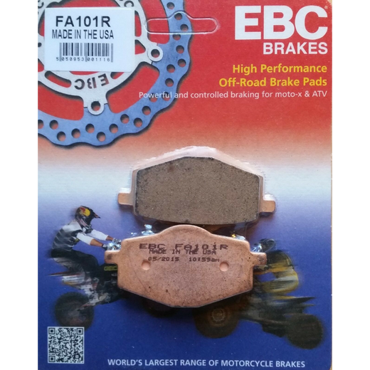 EBC Brakes motorcycle dirt sintered brake pad FA101R showing metallic friction surface and mounting clip for off-road riding.