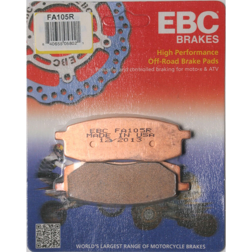 EBC Brakes motorcycle dirt sintered brake pad FA105R showing metal backing plate and brake pad surface for off-road riding.